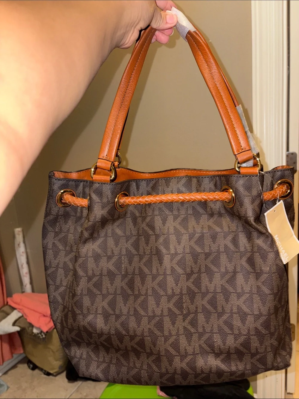 Michael Kors Brown Logo Drawstring Shoulder Bag with Tan Trim